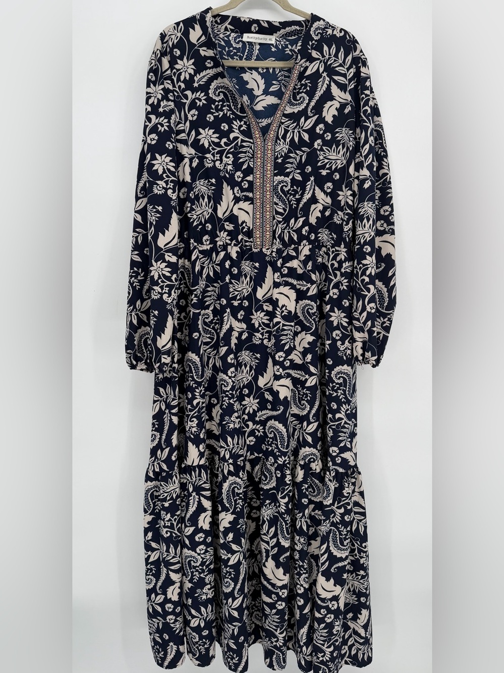 Floral Navy and Cream Tiered Maxi Dress with Embroidered V-Neck